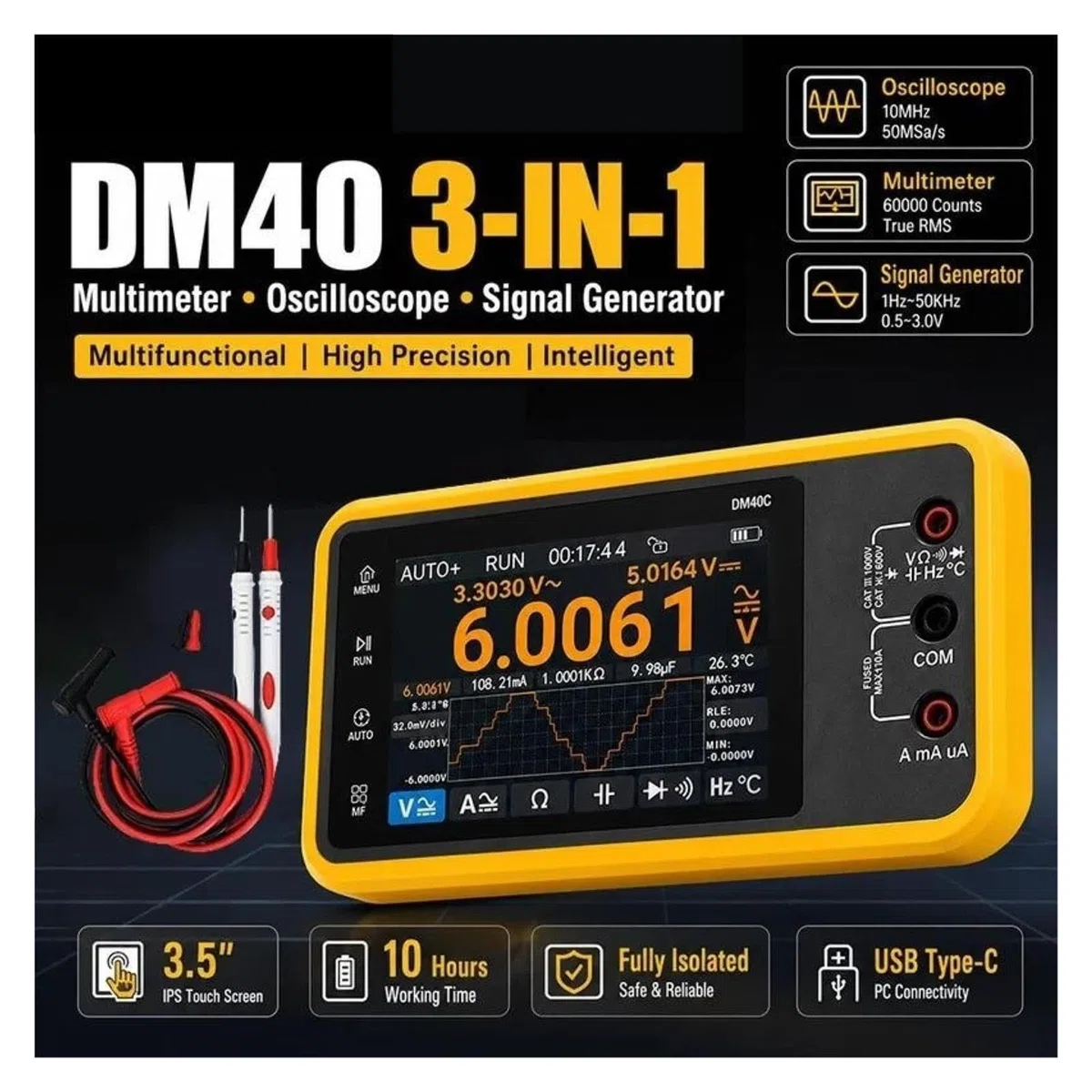 Oscilloscope numérique, DM40 3-en-1 multimètre numérique Oscilloscope générateur de Signal 50M taux d'échantillonnage outil automobile