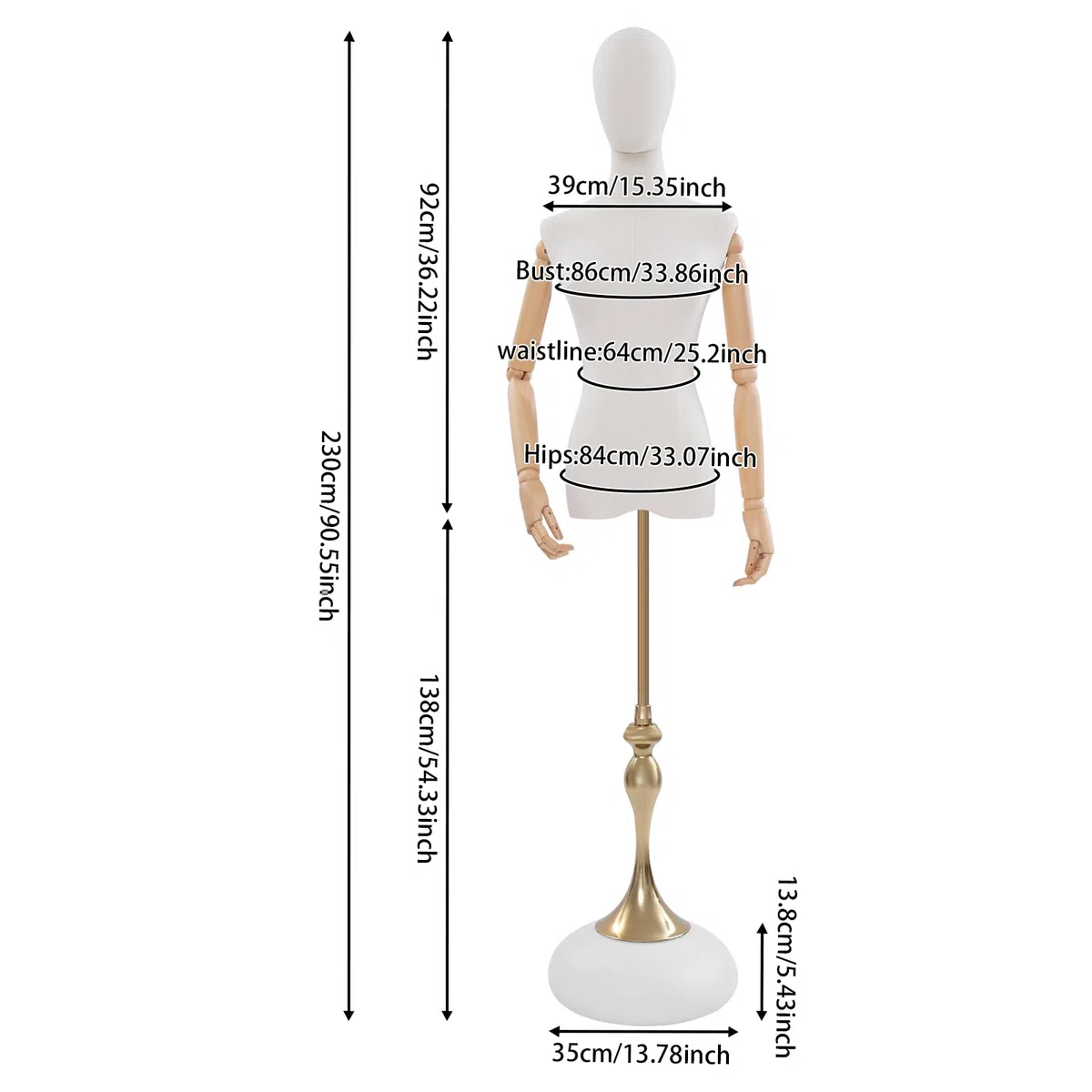 Mannequin de Couture Femme Réglable 140–200 cm, Buste de Couture sur Pied, Base Ronde en Bois, Robuste et Pratique, Idéal pour Boutique, Atelier et École de Mode (Base Blanc, Standard)