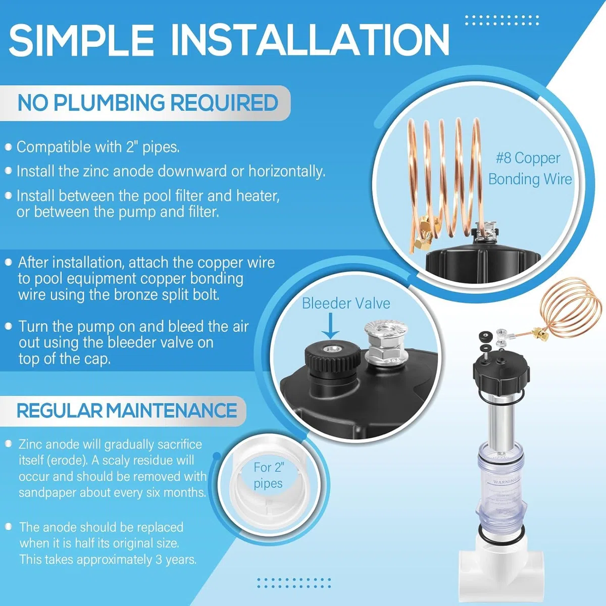 Zincpro Anode sacrificielle en ligne de 2" pour piscines d'eau salée – Protection pour pompe, chauffage et chlorinateur | Montage facile | Fenêtre de visualisation Anode en zinc (104D)