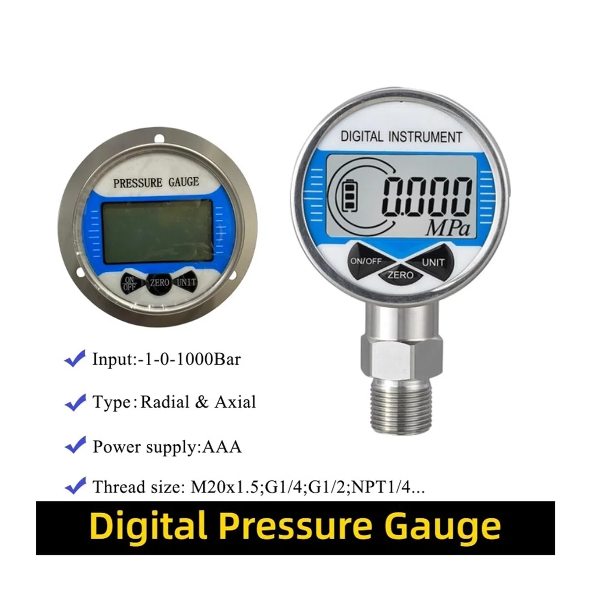 Manomètre numérique sans fil 10bar G1/4 Air liquide mazout eau manomètre de pression haute précision(Radial M20x1.5,-0.1~0~100MPa)