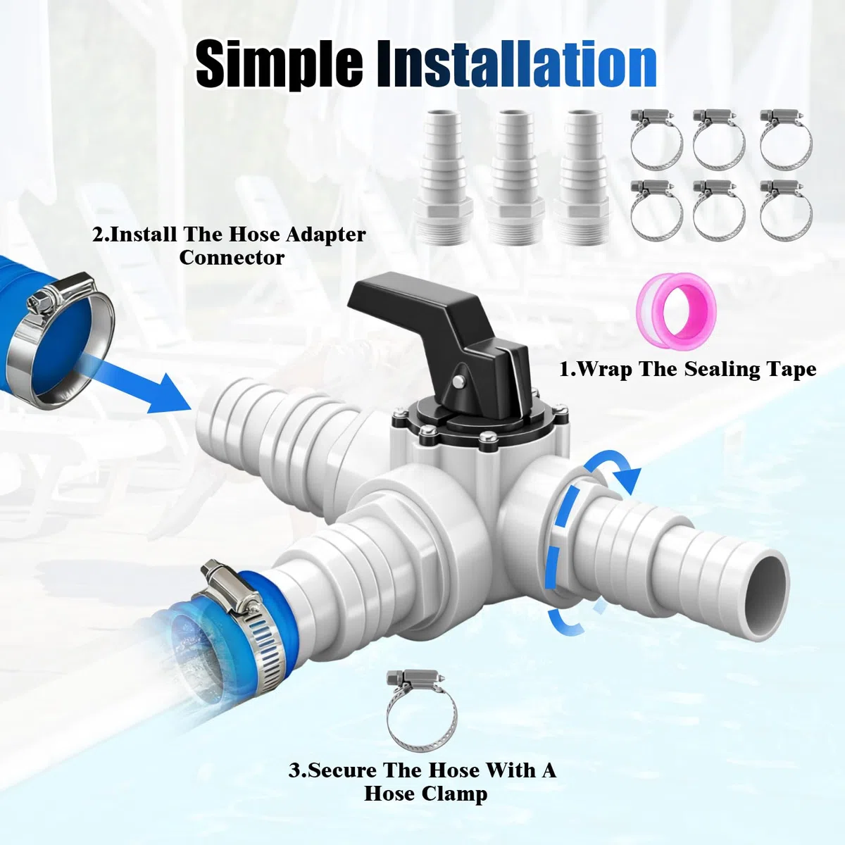 Bypass Kit Piscine 12 Pièces, Kit de Dérivation avec Vanne 3 Voies, 32/38 mm Raccordement, Adaptateur ABS, 6 Colliers INOX, pour Vanne Piscine, Chauffage Solaire, Pompe à Chaleur