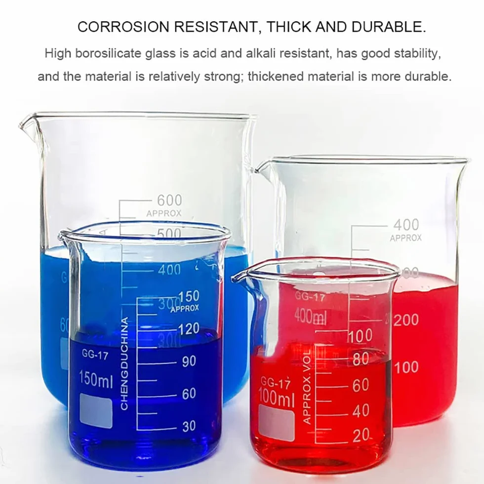 Béchers en verre de forme basse, vol.5000 ml, bécher de laboratoire en borosilicate épaissi, bécher en verre de mesure gradué avec bec verseur, | 260 mm de haut | 178 mm de diamètre extérieur |, pou