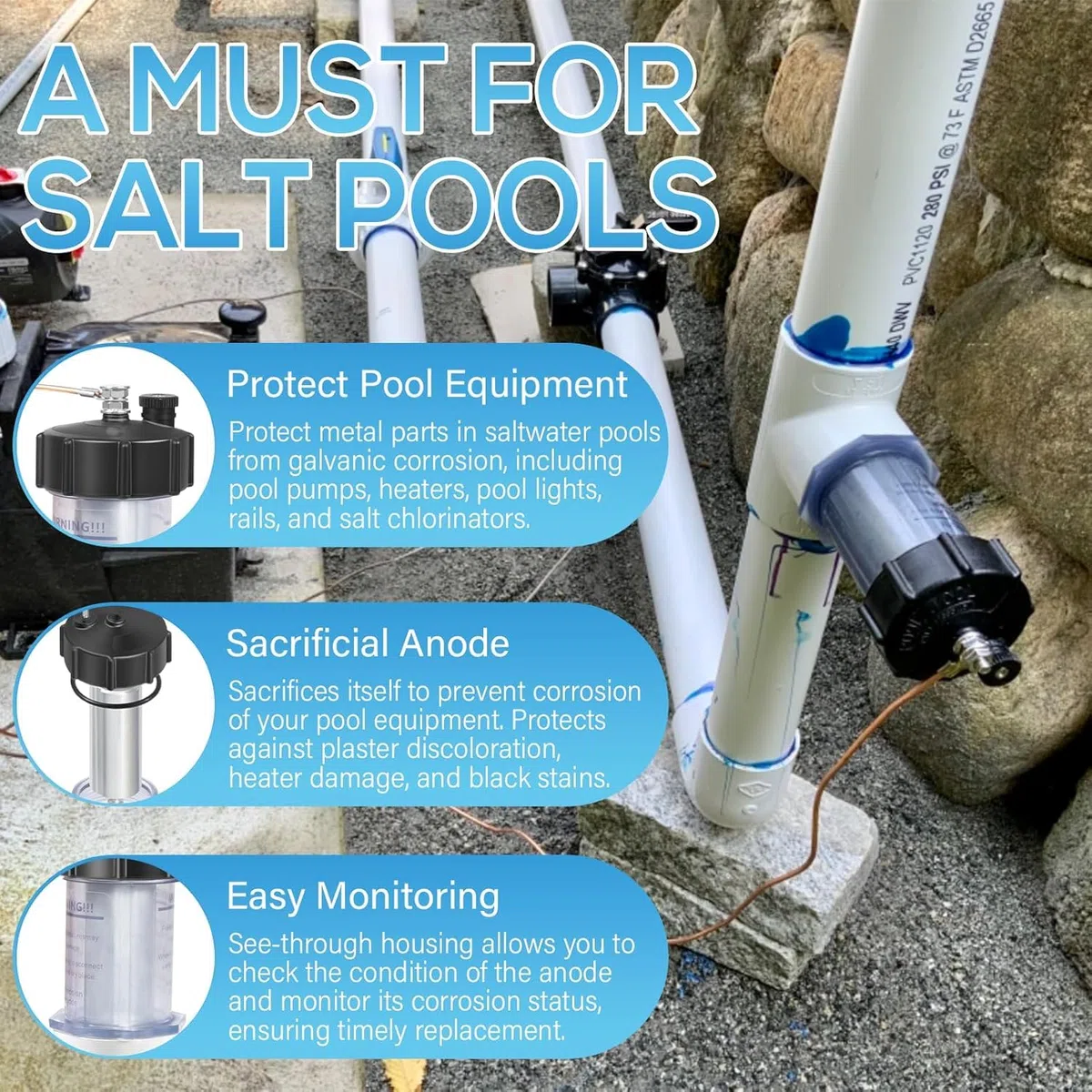 Zincpro Anode sacrificielle en ligne de 2" pour piscines d'eau salée – Protection pour pompe, chauffage et chlorinateur | Montage facile | Fenêtre de visualisation Anode en zinc (104D)