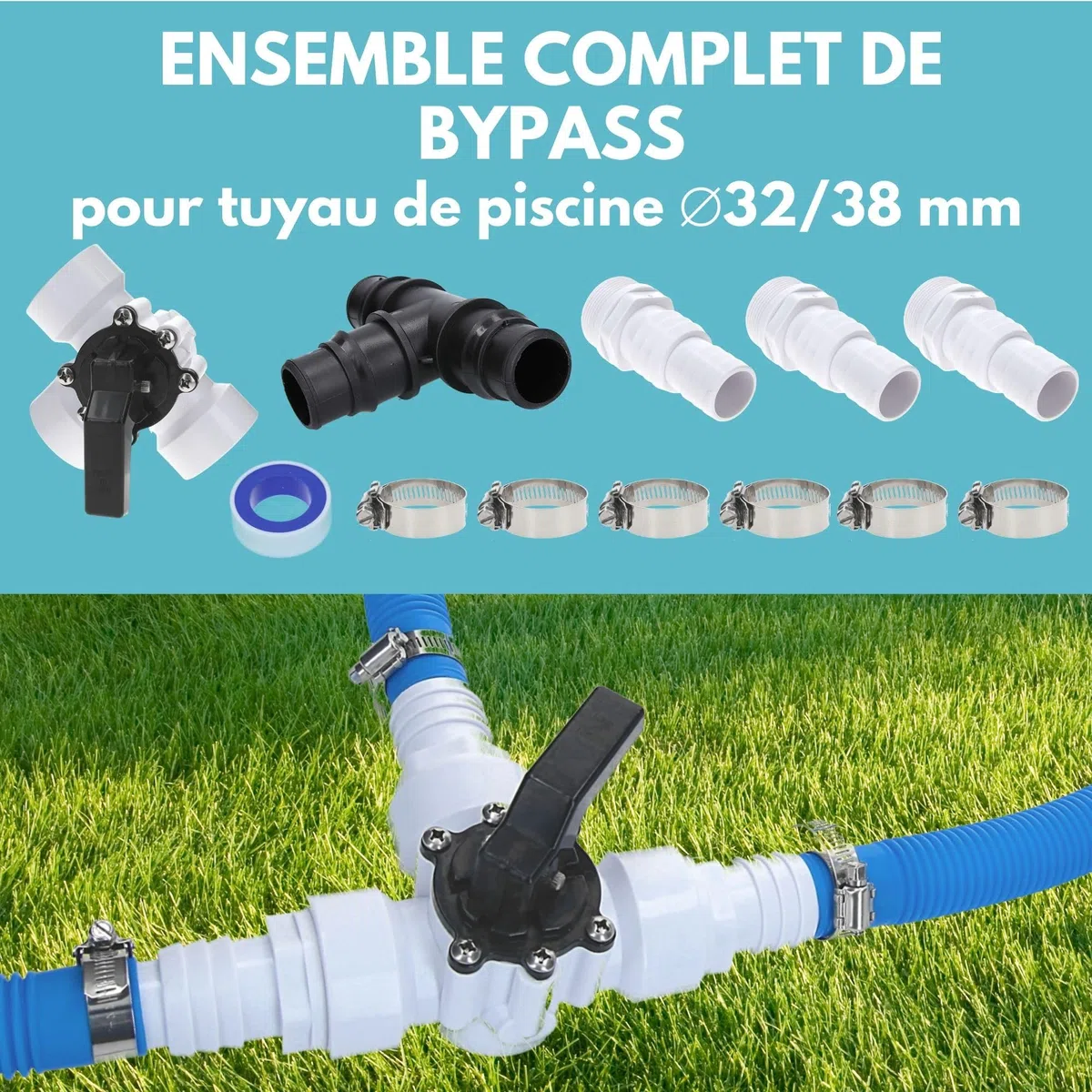 Amapool Kit bypass piscine 38 mm complet – avec vanne 3 voies et kit de raccordement – pour chauffage de piscine et filtre à sable – système de tuyaux 32/38 mm