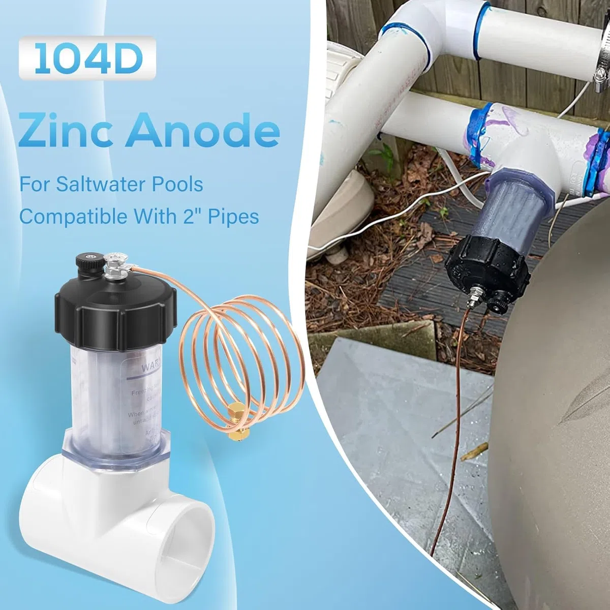 Zincpro Anode sacrificielle en ligne de 2" pour piscines d'eau salée – Protection pour pompe, chauffage et chlorinateur | Montage facile | Fenêtre de visualisation Anode en zinc (104D)