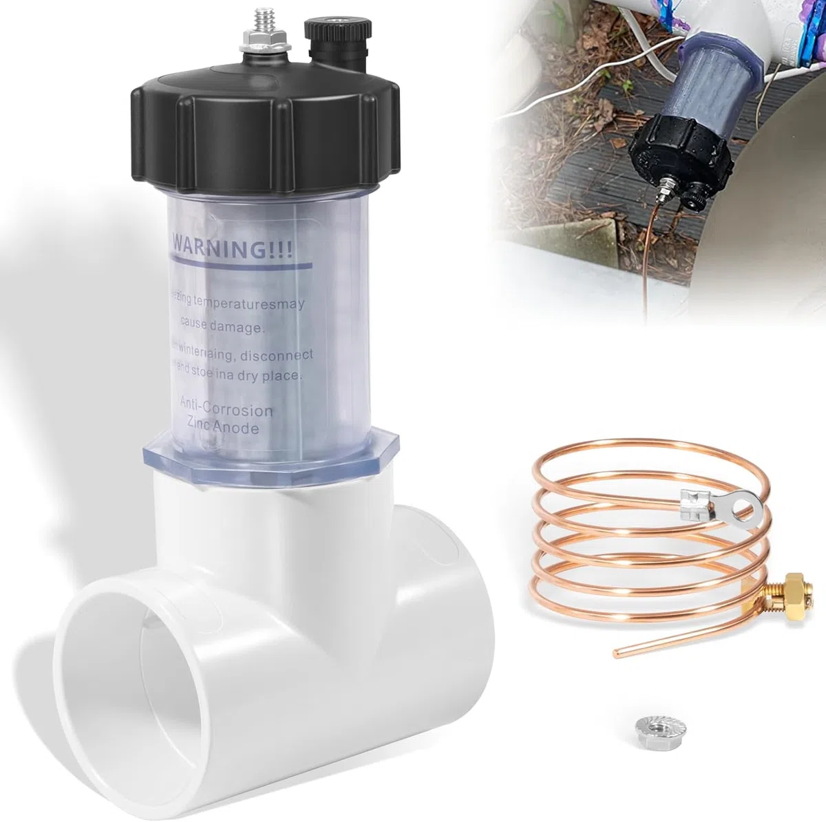 Zincpro Anode sacrificielle en ligne de 2" pour piscines d'eau salée – Protection pour pompe, chauffage et chlorinateur | Montage facile | Fenêtre de visualisation Anode en zinc (104D)