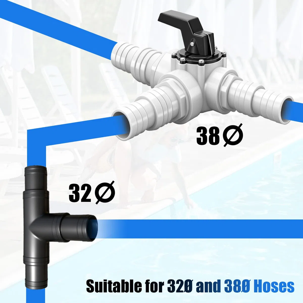 Bypass Kit Piscine 12 Pièces, Kit de Dérivation avec Vanne 3 Voies, 32/38 mm Raccordement, Adaptateur ABS, 6 Colliers INOX, pour Vanne Piscine, Chauffage Solaire, Pompe à Chaleur