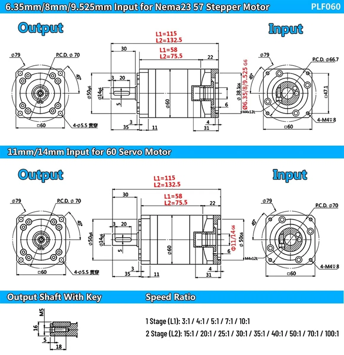 Réducteur planétaire de moteur Nema23, réducteur abaisseur, entrée 6,35/8/9,525/11/14 mm, 1 pièce(Ratio 40 to 1,14mm Input)