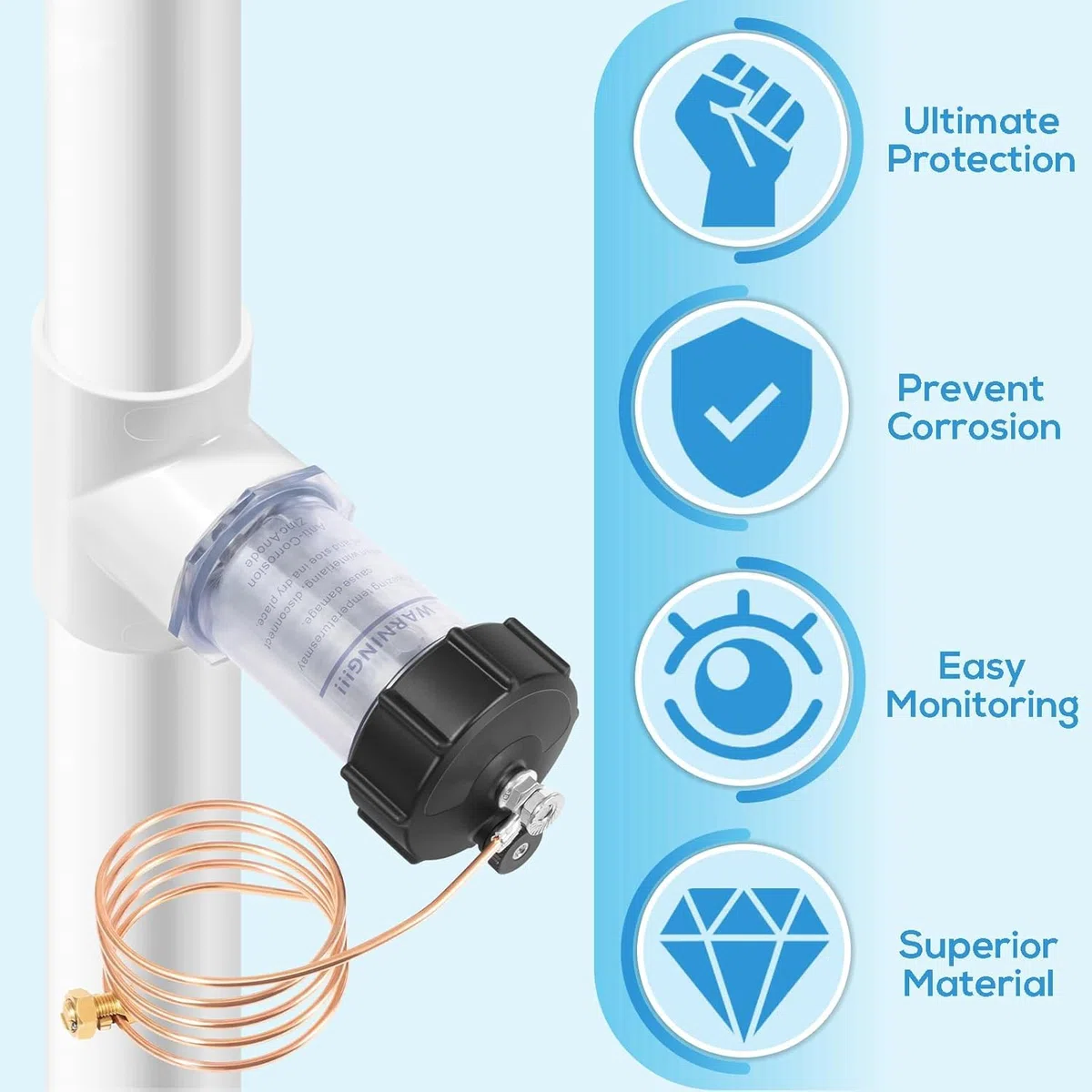 Zincpro Anode sacrificielle en ligne de 2" pour piscines d'eau salée – Protection pour pompe, chauffage et chlorinateur | Montage facile | Fenêtre de visualisation Anode en zinc (104D)