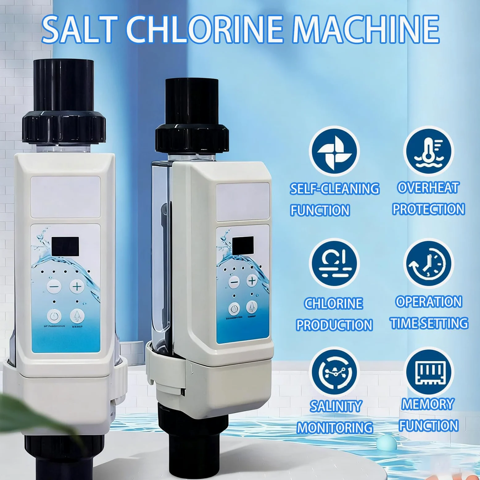 Électrolyseur Piscine au Sel Professionnel, Générateur de Chlore 8-20g/h, Nettoyage Automatique, Affichage LED Salinité pour SPAs/Thalasso 20g/h