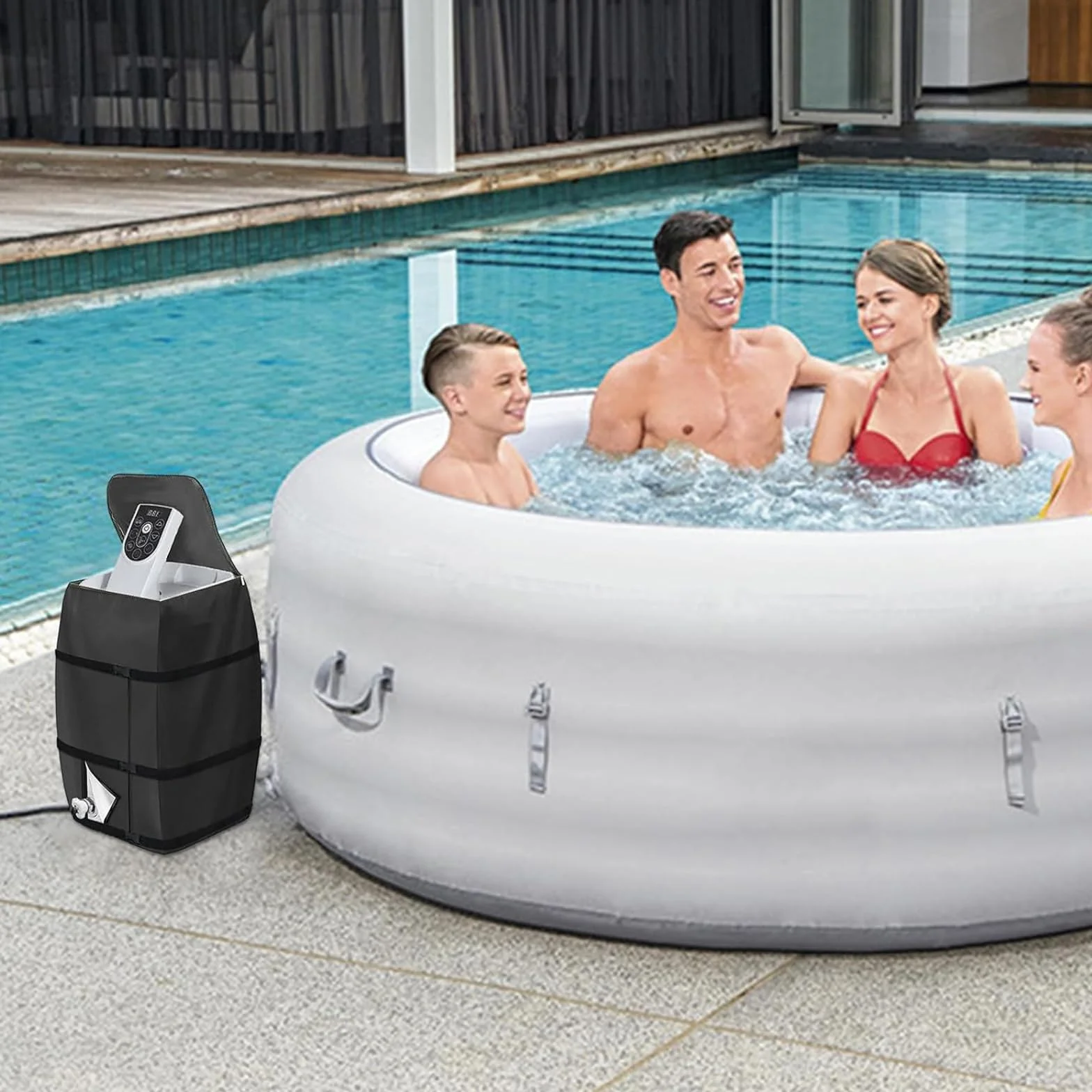 Housse de Pompe de Chauffage de Spa Ajustable et Pliable - Couvercle Avec Cordon et Boucle - Abri Pompe Piscine