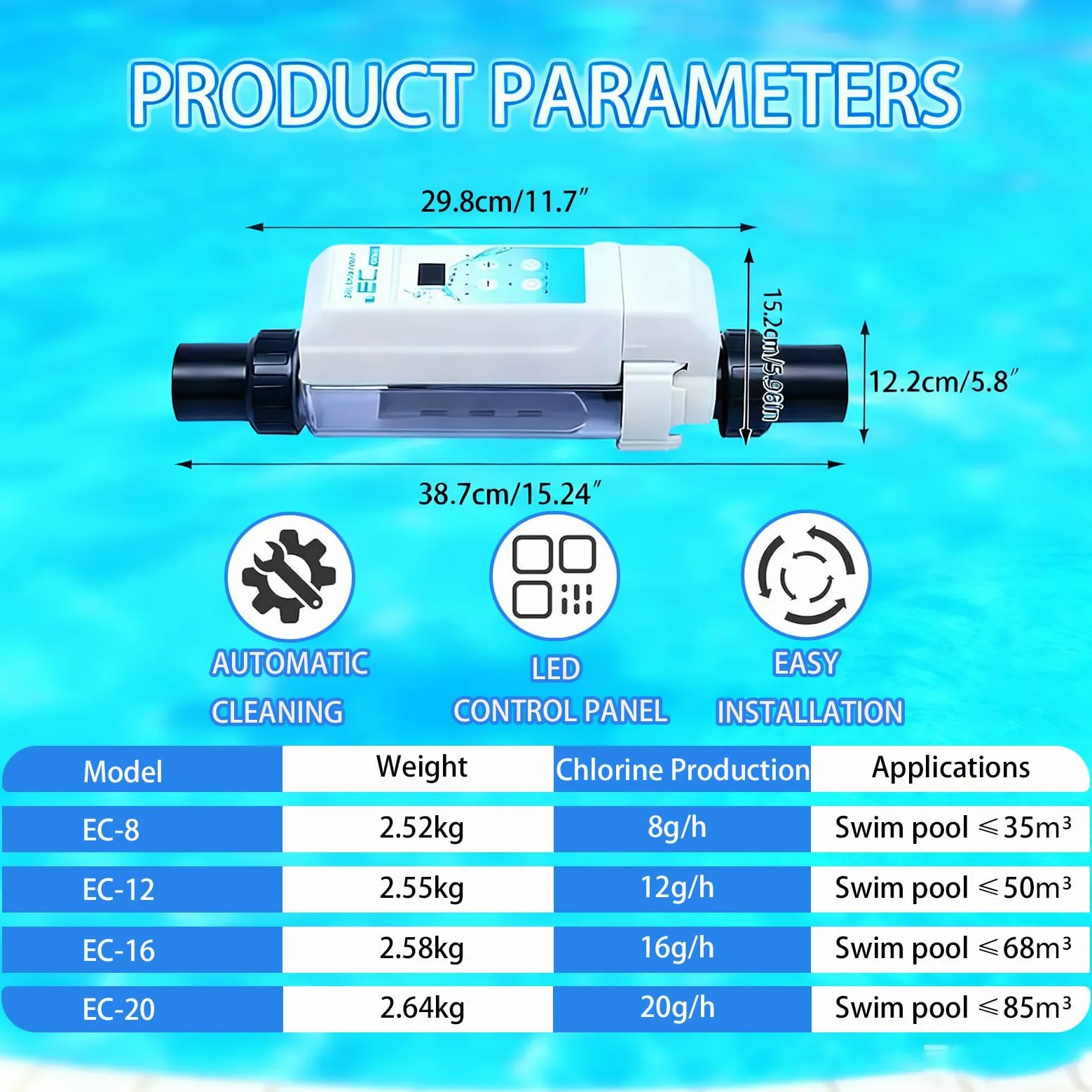 Électrolyseur Piscine au Sel Professionnel, Générateur de Chlore 8-20g/h, Nettoyage Automatique, Affichage LED Salinité pour SPAs/Thalasso 20g/h