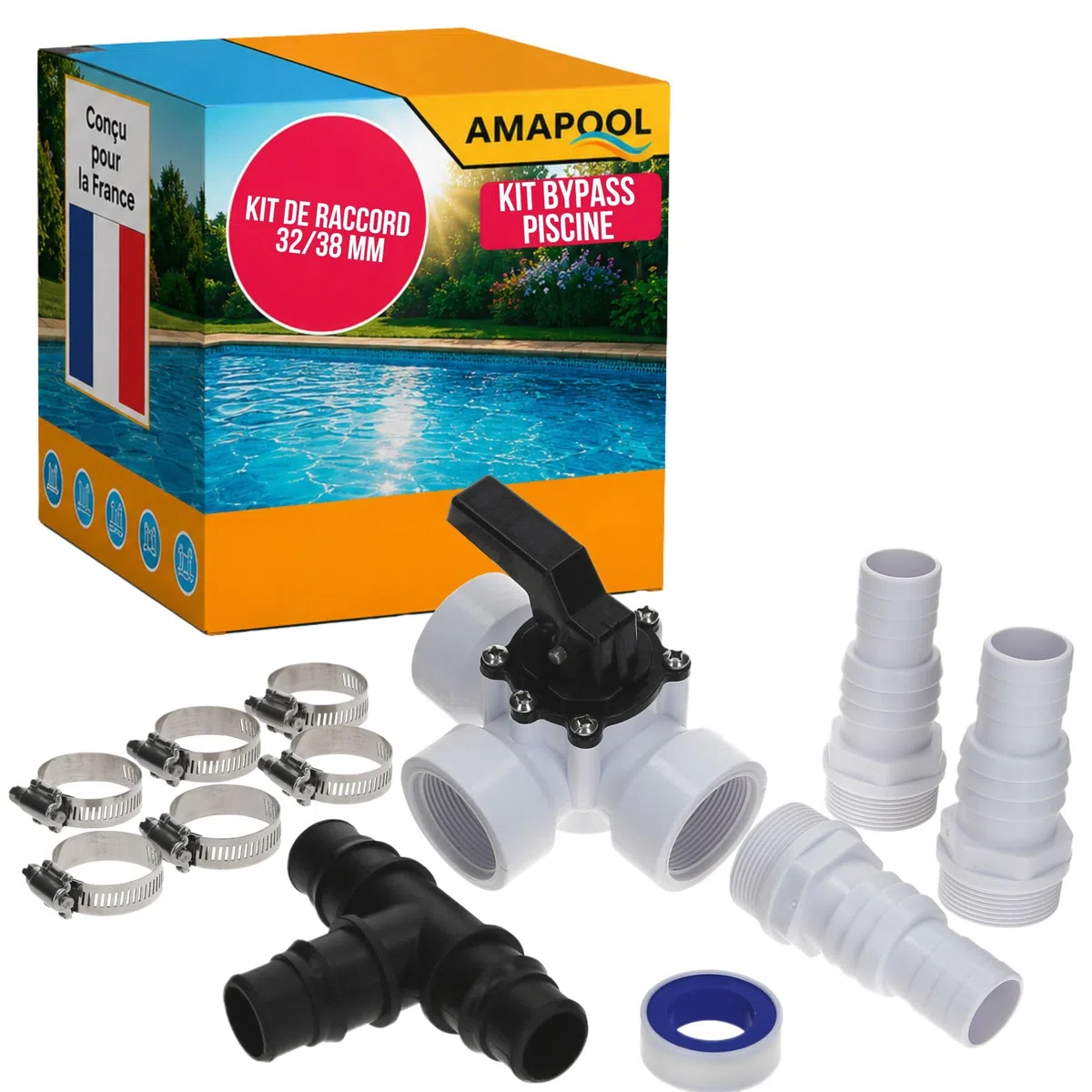 Amapool Kit bypass piscine 38 mm complet – avec vanne 3 voies et kit de raccordement – pour chauffage de piscine et filtre à sable – système de tuyaux 32/38 mm
