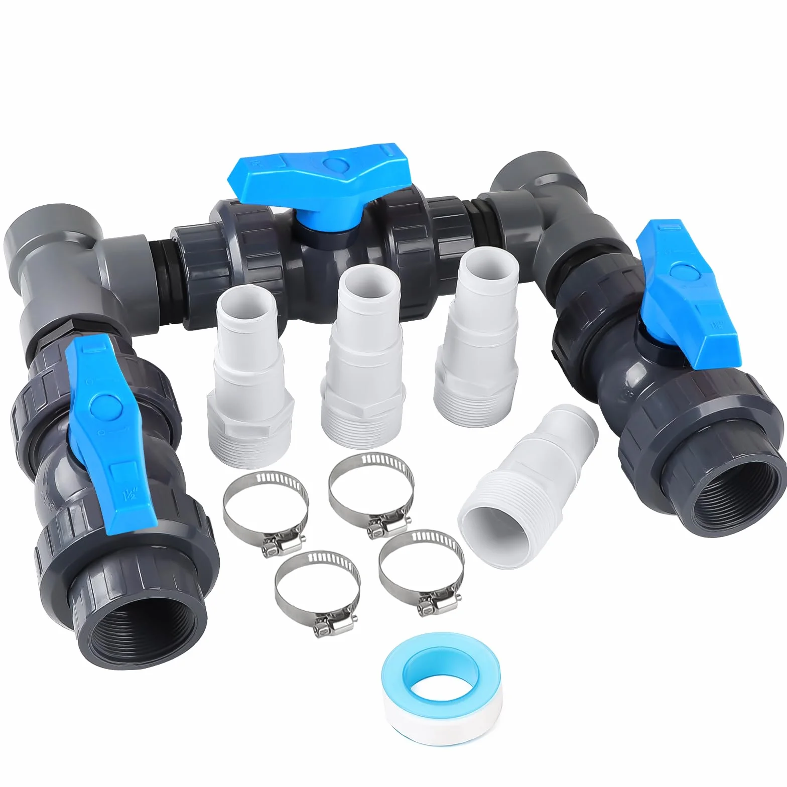 SWAWIS Bypass Piscine 32/38mm Raccord Pompe a Chaleur Piscine Vanne by Pass Chauffage Solaire Système by Pass avec 3 Vanne DN50 4 Raccord Tuyau 32-38mm